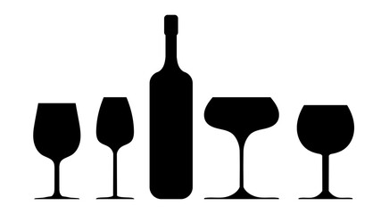 Set of wine glass icons on white background. Vector illustration. Silhouette bottle.