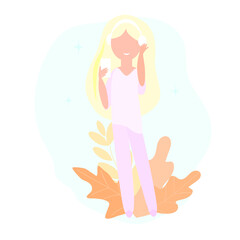 Girl in headphones with a gadget in hand. Call center and Support service and concept illustration. Vector illustration.