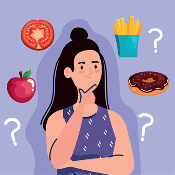 woman thinking with question marks about fast food design, unhealthy eat and restaurant theme Vector illustration