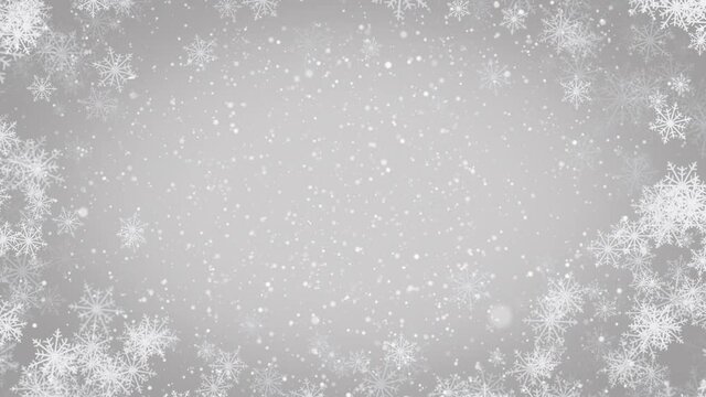 Silver abstract ice snowflakes Christmas animated grey background. Background white glitter frame. Winter xmas theme. Seamless loop
