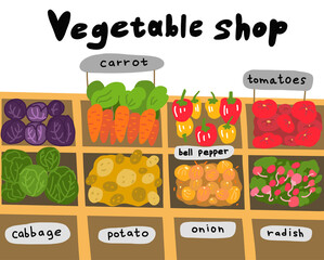 Street market. Vegetable shop ingredients sketch set. Hand drawn. Tomato carrots cabbage and many other vegetables. Vector cartoon colored illustration.