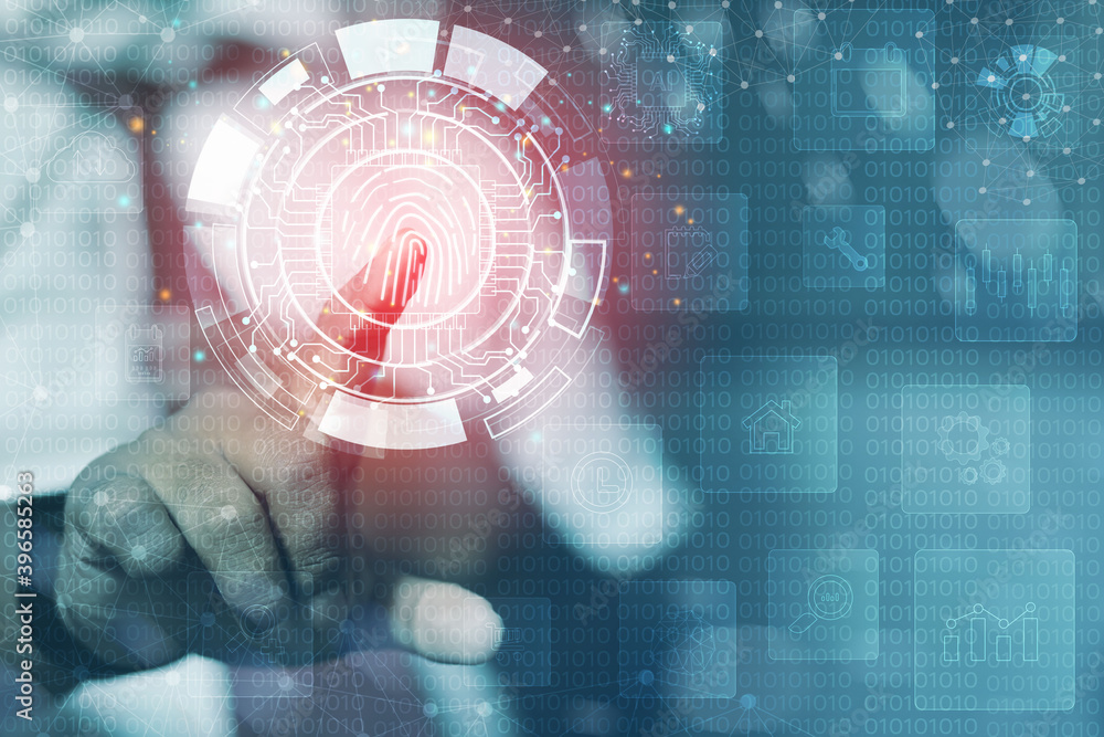 Poster security concept from hackers the businessmen use their fingerprints to scan the password with the i