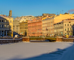 Walk on a sunny winter evening  in St. Petersburg.