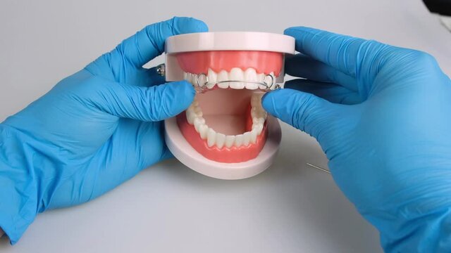 dentist wearing blue gloves is demonstrating how to put a retainer on a dental model