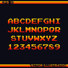 Arcade game pixel alphabet font and numbers.Pixel alphabet.Vector Illustration.Dark purple background.