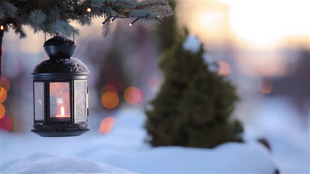 Christmas Lantern On Snow With Fir Branch In The Sunlight. Winter Decoration Background