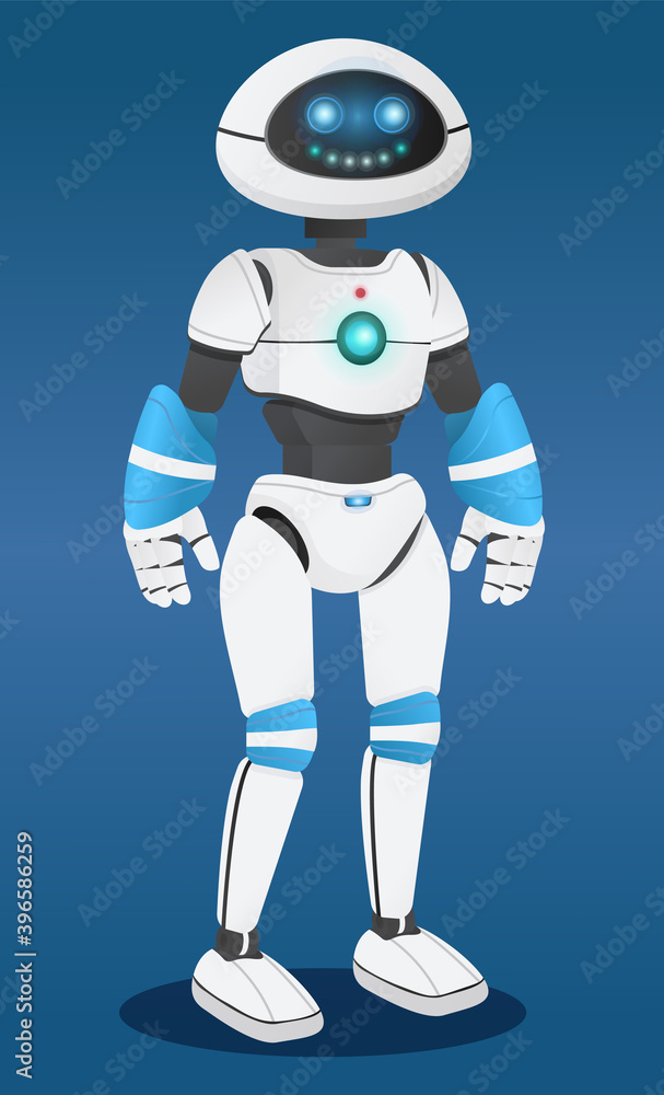 Poster futuristic robot at blue background, artificial intelligence. innovative humanized model of robot. r