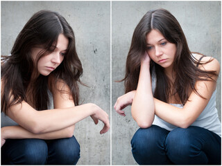 Two photos of a brunette young woman looking thoughtful about troubles in front of a gray wall