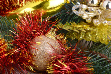 Fototapeta na wymiar Christmas frame, greeting card. New year balls, gifts or present box and holiday decoration. Happy New Year composition.