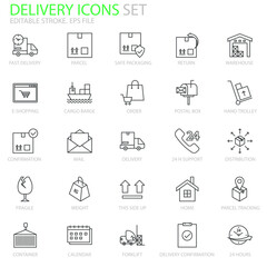 Fototapeta premium Delivery editable stroke icons set for your website, logo, app, UI, product print. Delivery concept flat Silhouette vector illustration icons set.