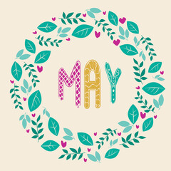 Fototapeta premium May text, wreath of leaves isolated in scandinavian style, vector stock illustration with month name, lettering