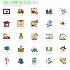 Delivery color and editable stroke icons set for your website, logo, app, UI, product print. Delivery concept flat Silhouette vector illustration icons set.