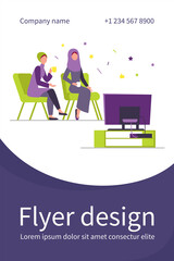 Muslim women sitting and watching TV. Tea, hijab, home flat vector illustration. Leisure and entertainment concept for banner, website design or landing web page