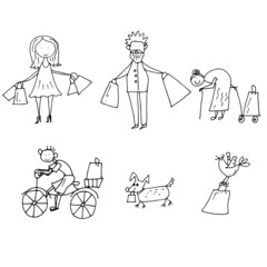 Man, woman, grandmother, child with shopping bags. Vector shopping illustration.