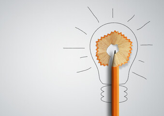 Idea, minimal concept. Pencil with shavings light bulb shape. Copy space