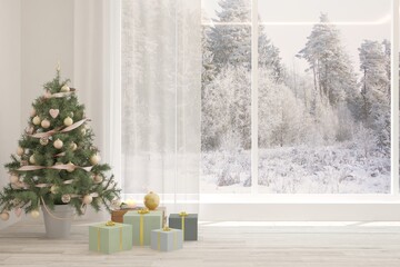 Empty christmas interior of living room. Scandinavian design. 3D illustration