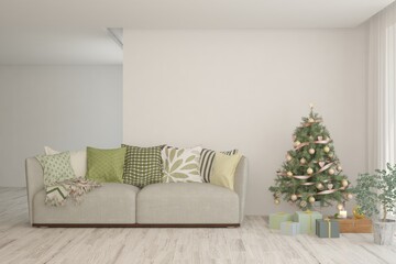 Winter new year interior of living room with sofa. Scandinavian design. 3D illustration