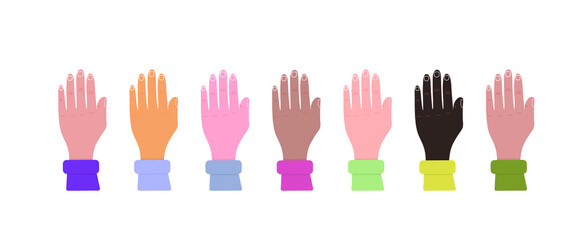 A set of hands with different skin, back side forward, belong to different people, race, nationality. Vector illustration, flat cartoon color minimal design isolated on white background, eps 10.