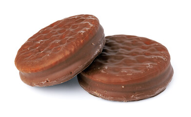 Chocolate cookies in glaze isolated on white background