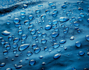 Rain water droplets on waterproof fabric.