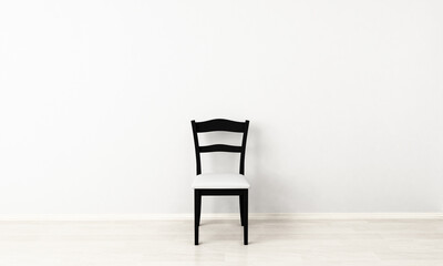 Black chair in white room for copy space.Modern design black wooden chair in empty room