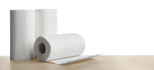 Rolls of paper tissues on wooden table