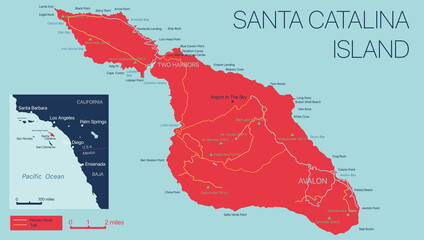 Vector detailed map of Santa Catalina Island, California, USA. Editable map with with cities and towns, geographic sites, roads, railways. Vector EPS-10 file, trending color scheme - obrazy, fototapety, plakaty