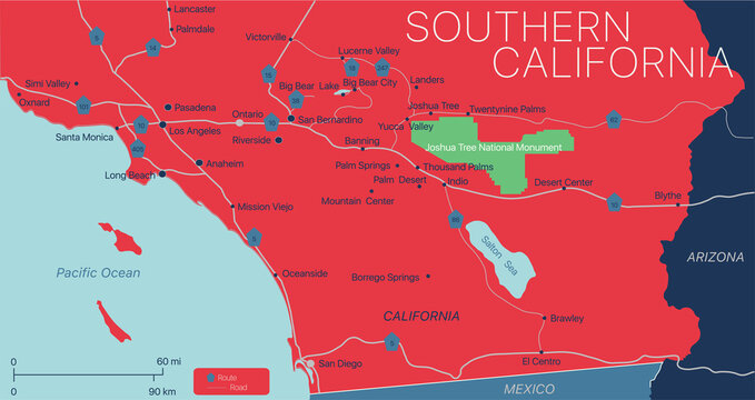 Southern California detailed editable map with with cities and towns, geographic sites, roads, railways, interstates and U.S. highways. Vector EPS-10 file, trending color scheme