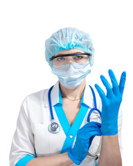 nurse in a protective mask and goggles puts on blue rubber gloves, isolated background. Medicine and health. Fighting Coronavirus.