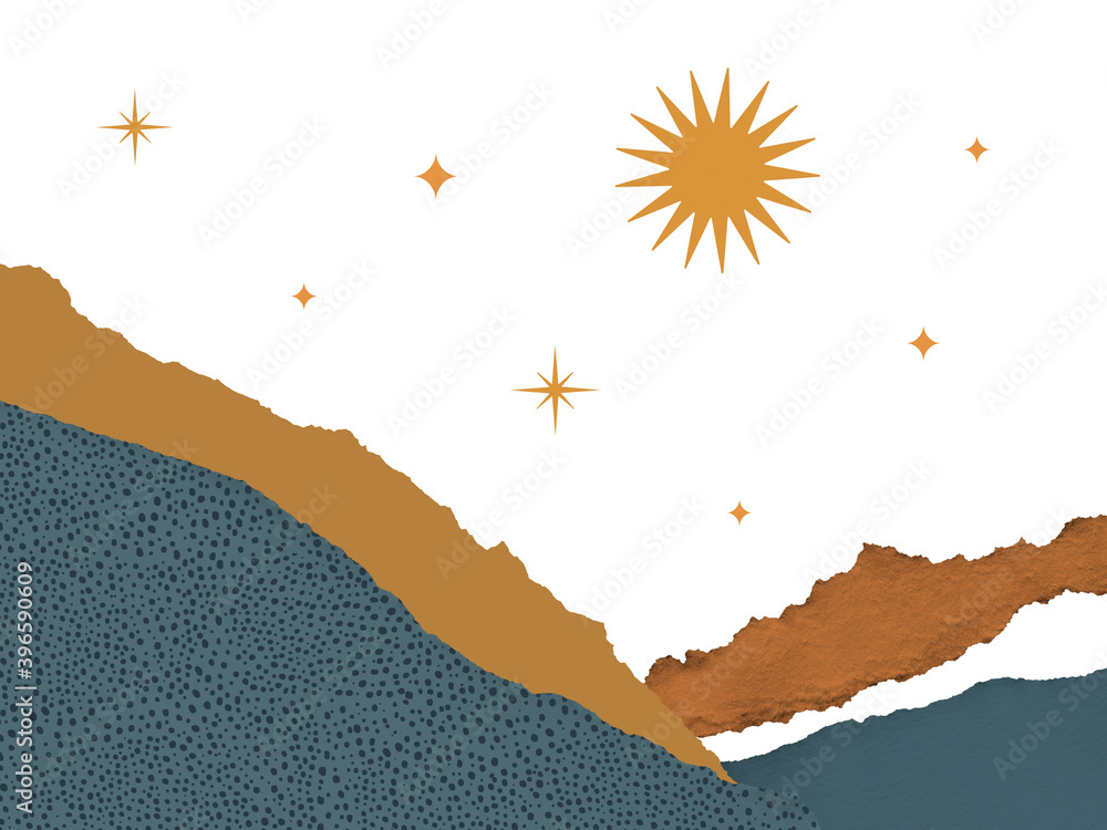 Poster abstract landscape with torn deckled paper edges, sun and celestial elements on the white isolated b