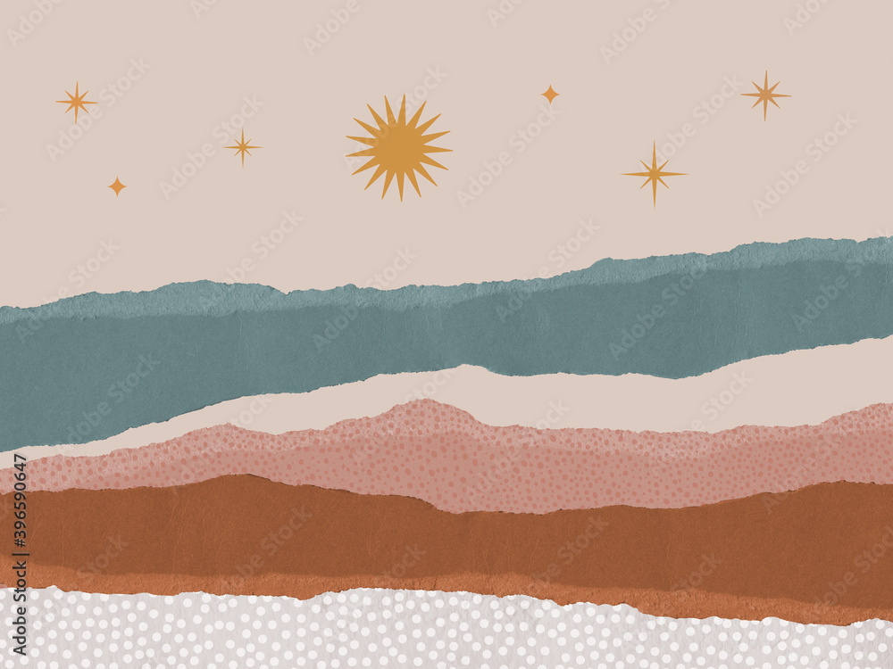 Poster abstract landscape with torn deckled paper edges and celestial elements. abstract mountains and fiel