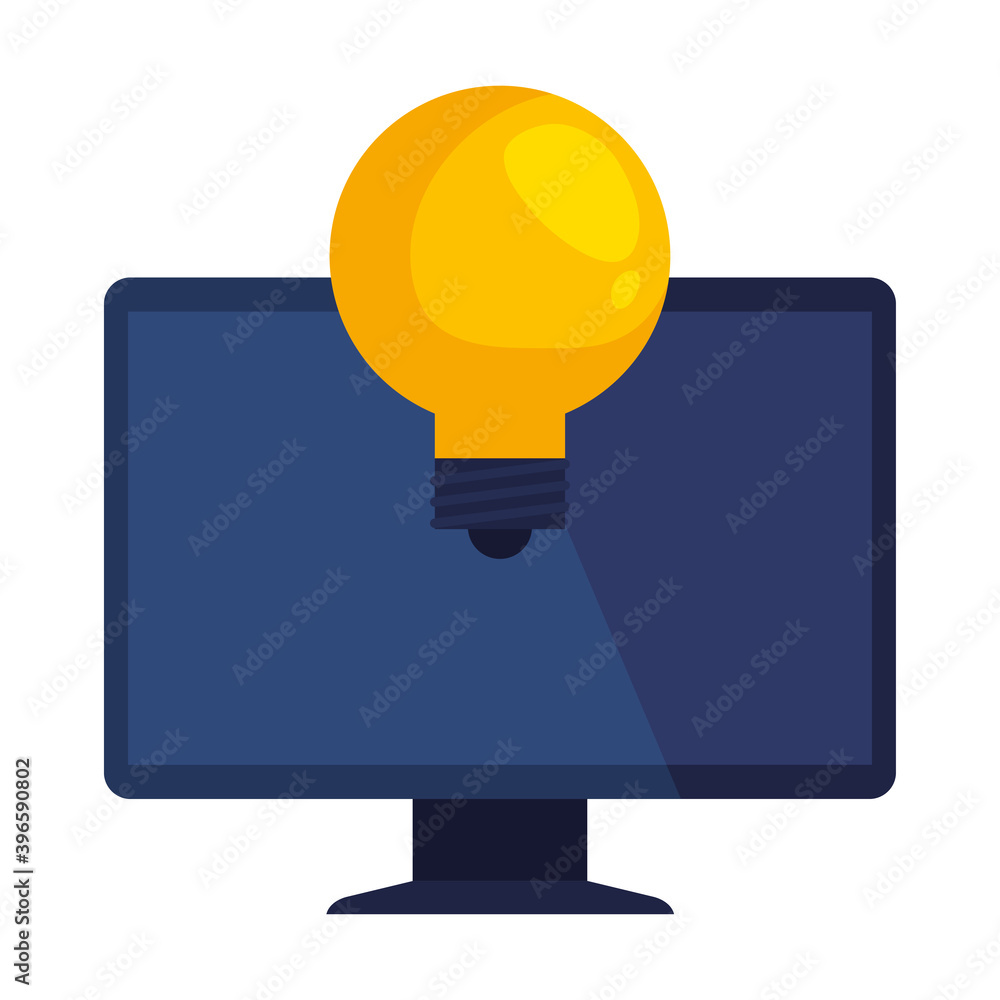 Poster desktop computer device with bulb light vector illustration design