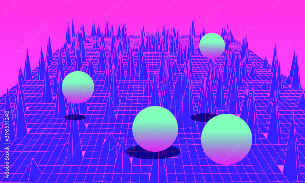 Aufkleber surreal background with spheres and laser grid. synthwave and vaporwave aesthetics of 80's and 90's.