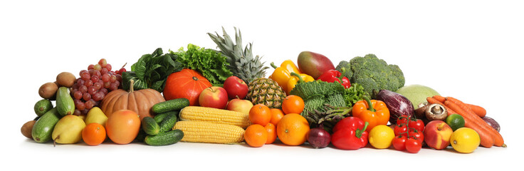 Fototapeta na wymiar Assortment of fresh organic fruits and vegetables on white background