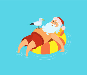 Santa Claus on life buoy, seagull sitting on him, vector cartoon character celebrating New Year in tropical country, vector bearded man in inflatable float