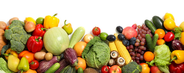 Assortment of fresh organic fruits and vegetables on white background, top view