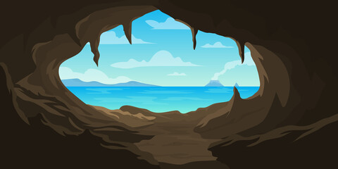 illustration of cave facing the sea with erupting mountains in the background