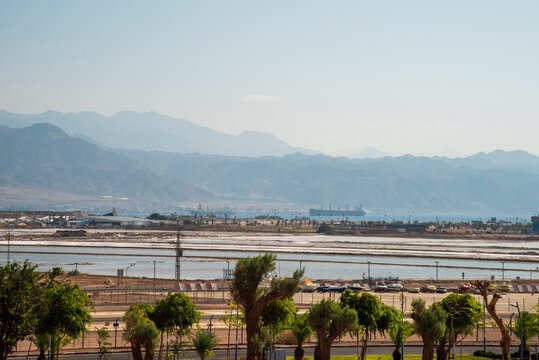 The border between Israel and Jordan against the backdrop of the Aqaba Mountains and the red sea. High quality photo