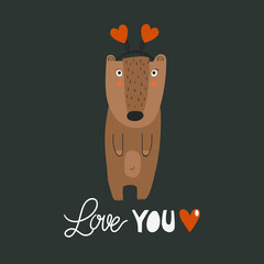 Hand drawn illustration, happy bear, heart, english text. Colorful background vector. Poster design with animal. Love you. Decorative backdrop, good for printing - 396593614