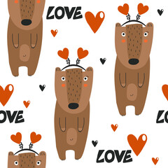 Happy bears, hearts, hand drawn backdrop. Colorful seamless pattern with animals. Decorative cute wallpaper, good for printing. Overlapping background vector. Design illustration - 396593657