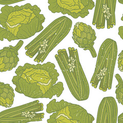 Cabbage, celery, artichoke, hand drawn seamless pattern. Overlapping background, vegetables vector. Colorful illustration with food. Decorative wallpaper, good for printing. Design backdrop - 396593800