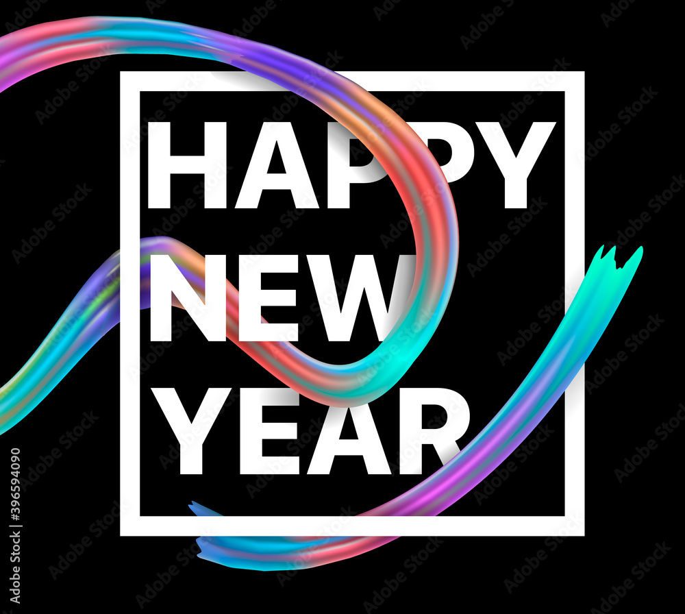 Poster vector illustration: happy new year 2021. greeting card with colorful abstract fluid twisted shape. 