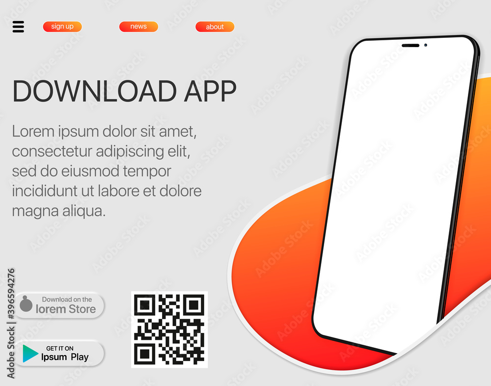 Poster page banner advertising for downloading an app for mobile phone, smartphone. download buttons with s