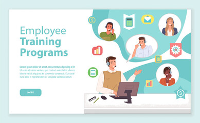 Landing page of website. Employee training programs. Educational programs for new workers. Consultants or operators of call center, hotline. Manager working with novice team using headset and computer
