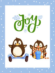 Sitting cheerful penguin in scarf with gift box in stripes, balancing bird on segway. Joy greeting card with frame and points on blue frame vector