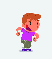 Euphoric cartoon character of little boy on jeans makes plans