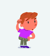  funny cartoon character of little boy on jeans doubting