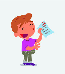 happy cartoon character of little boy on jeans explaining something with exam in hand