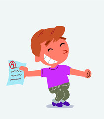 happy cartoon character of little boy on jeans rejoices with exam in hand