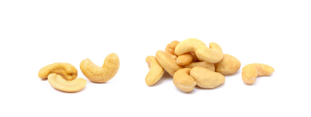 Tasty salted cashew nuts on white background